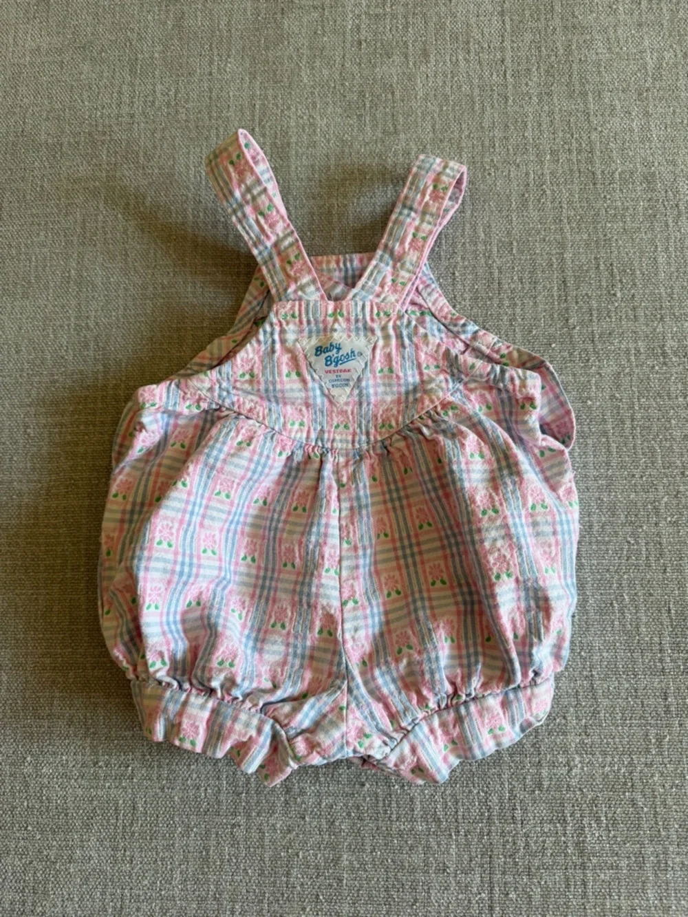 Vintage Oshkosh vestback baby girl Romper bib overalls floral plaid 3/6 months